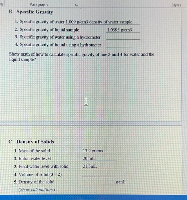 Solved B. Specific Gravity 1. Specific gravity of water | Chegg.com