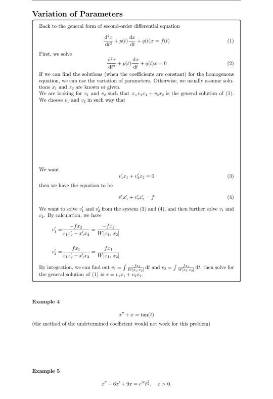 Solved Variation Of Parameters Back To The General Form Of 