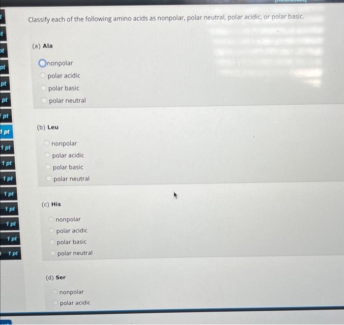Solved Classify each of the following amino acids as | Chegg.com