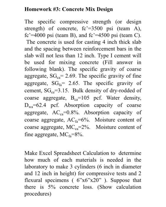 Solved Homework #3: Concrete Mix Design The specific | Chegg.com