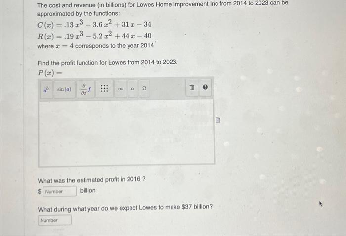 Solved find the profit function for Lowes from 2014 to | Chegg.com