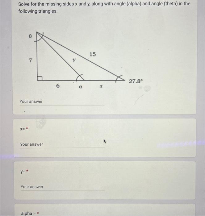 Solved Solve for the missing sides x and y, along with angle | Chegg.com