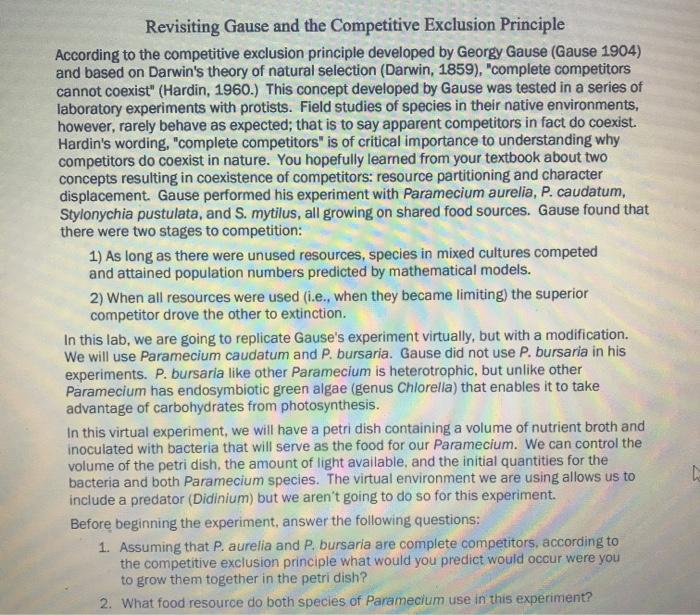Solved Revisiting Gause and the Competitive Exclusion | Chegg.com