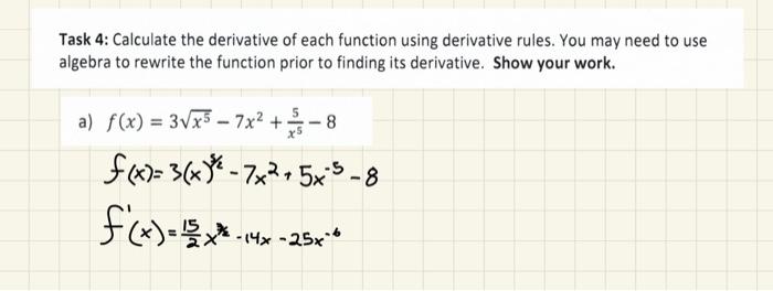 Solved Task 4: Calculate The Derivative Of Each Function | Chegg.com