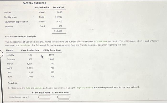 The management of Genuine Spice Inc. wishes to determine the mumber of cases required to break even per month. The utilities 