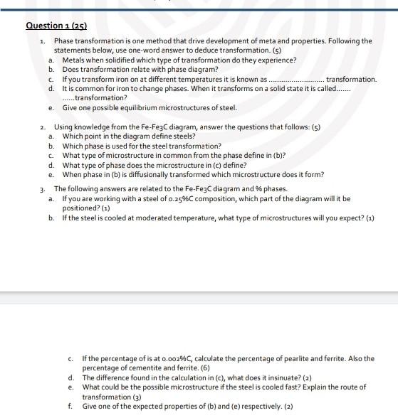 Solved 1. Question 1 (25) Phase transformation is one method | Chegg.com