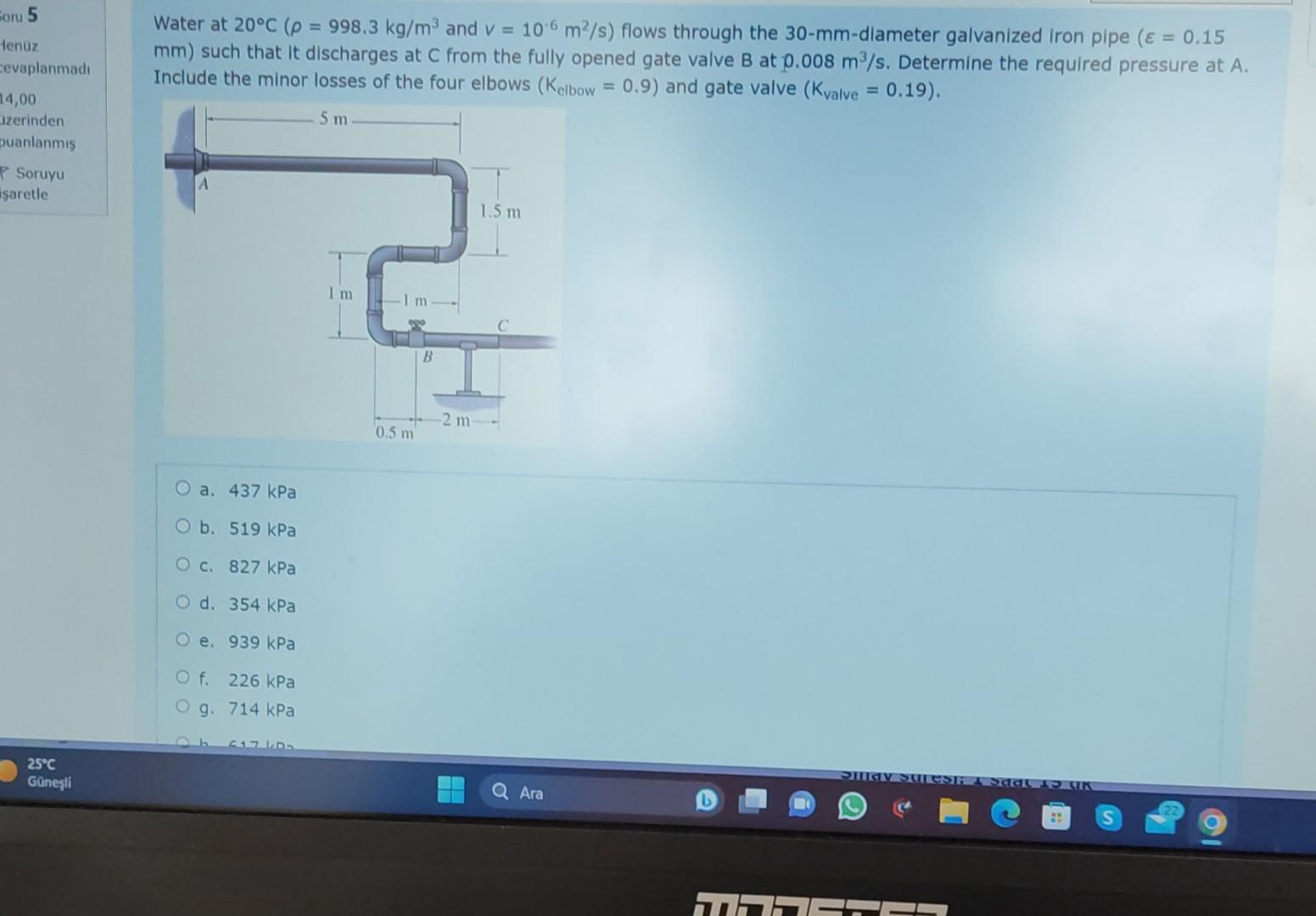 Solved Water at 20∘C(ρ=998.3 kg/m3 and v=10−6 m2/s) flows | Chegg.com