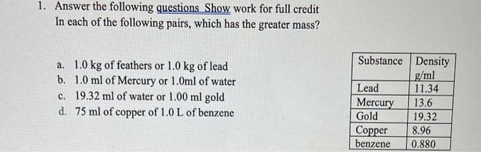 Solved 1. Answer the following questions Show work for full | Chegg.com