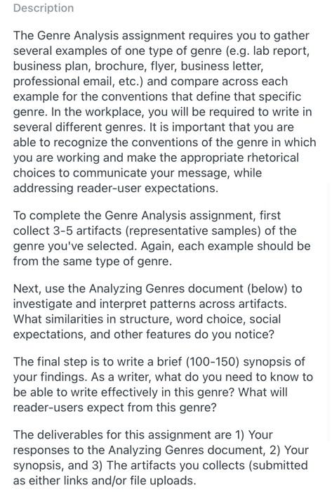 Description The Genre Analysis assignment requires | Chegg.com
