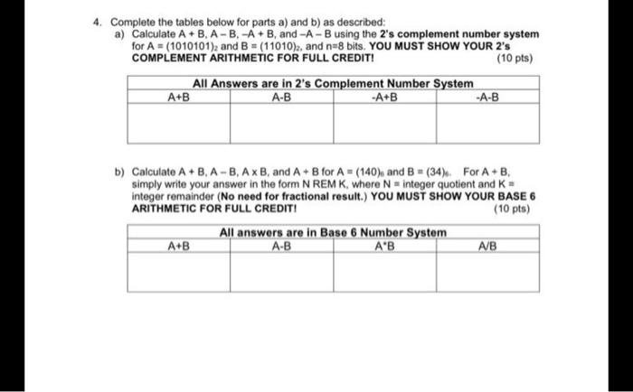 Solved 4. Complete the tables below for parts a) and b) as | Chegg.com