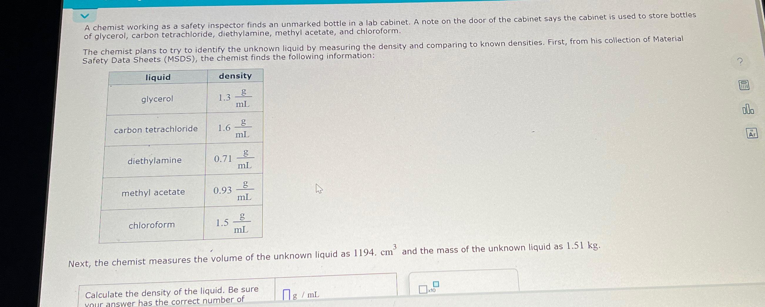 Solved A chemist working as a safety inspector finds an | Chegg.com