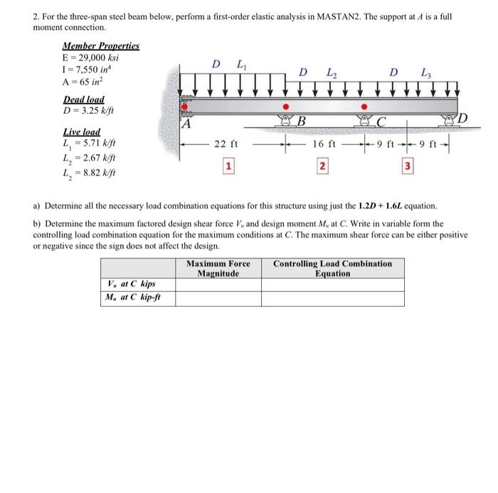 Solved 2. For the three-span steel beam below, perform a | Chegg.com