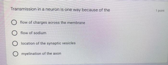 Solved Transmission in a neuron is one way because of the 1 | Chegg.com