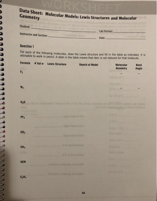 Solved Data Sheet Molecular Models Lewis Structures and Chegg