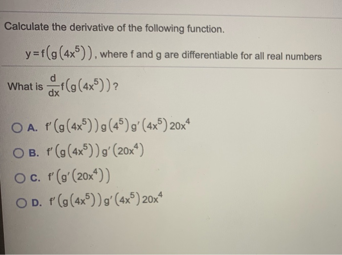 Solved Calculate the derivative of the following function. | Chegg.com