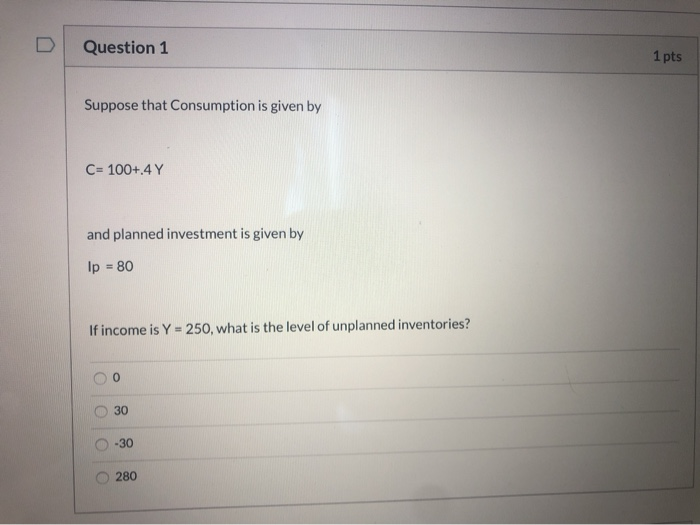 Solved Question 1 1 pts Suppose that consumption is given by | Chegg.com