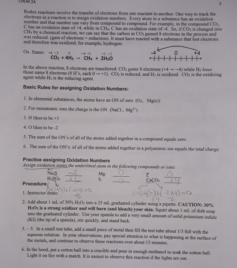 Solved CHEM 2A 1 Oxidation-Reduction (Redox) Reactions | Chegg.com