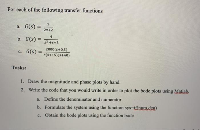 Solved For each of the following transfer functions 1 a. | Chegg.com