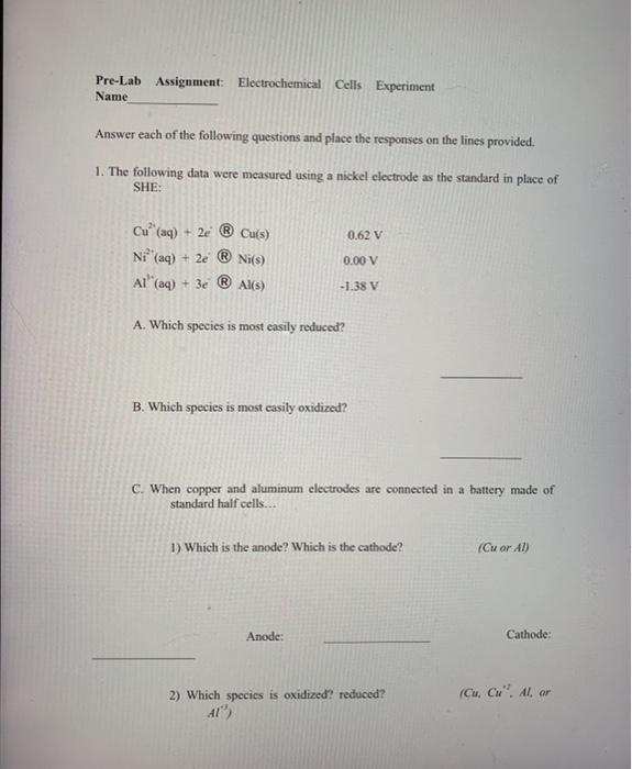 Solved Pre-Lab Assignment Electrochemical Cells Experiment | Chegg.com