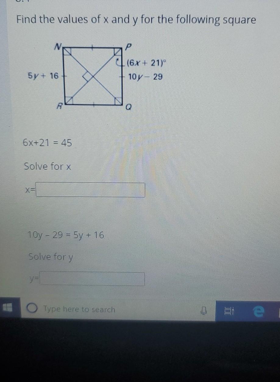 Solved Find the values of x and y for the following square N | Chegg.com