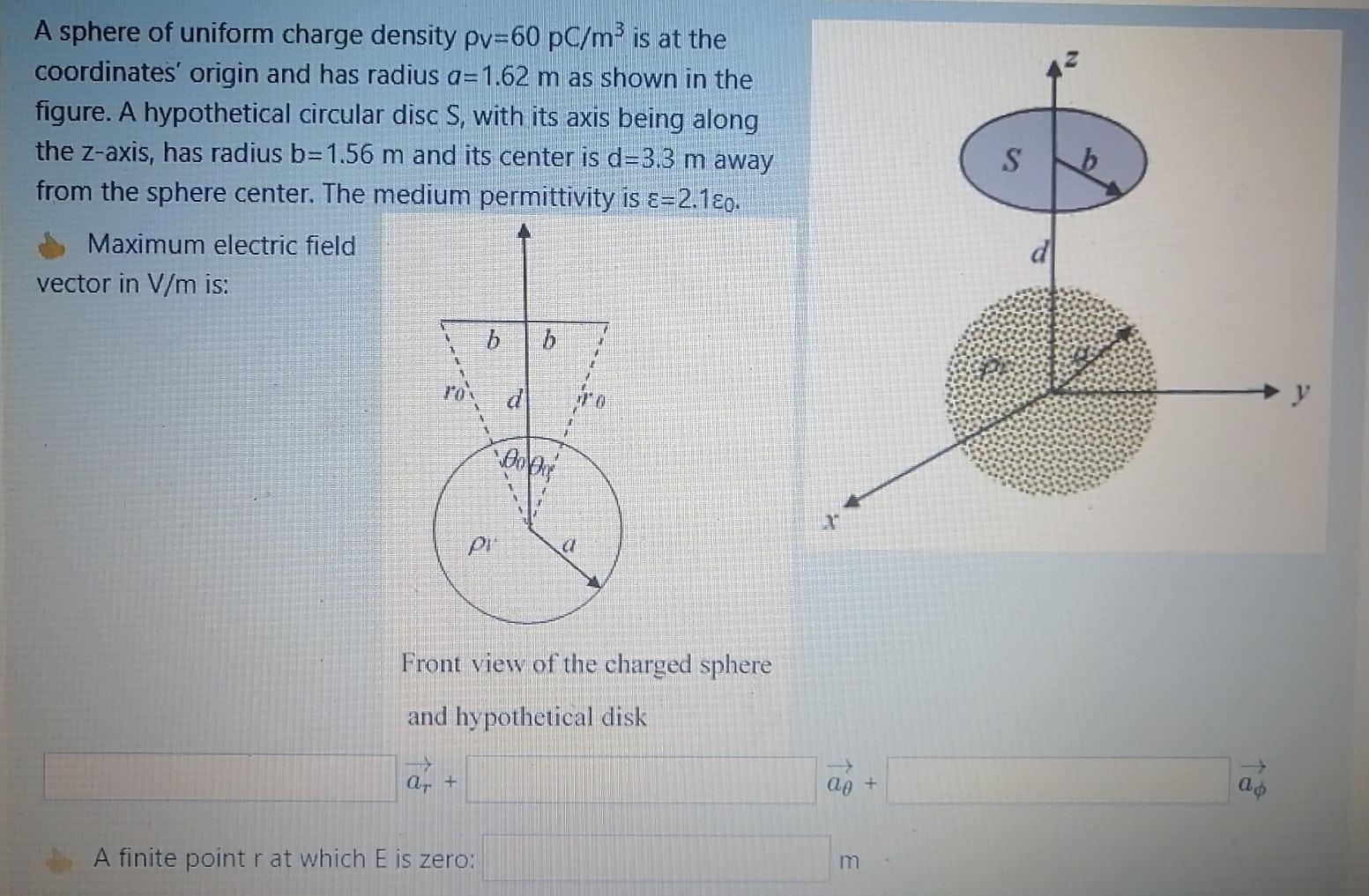 Solved A sphere of uniform charge density pv=60 pC/m is at | Chegg.com