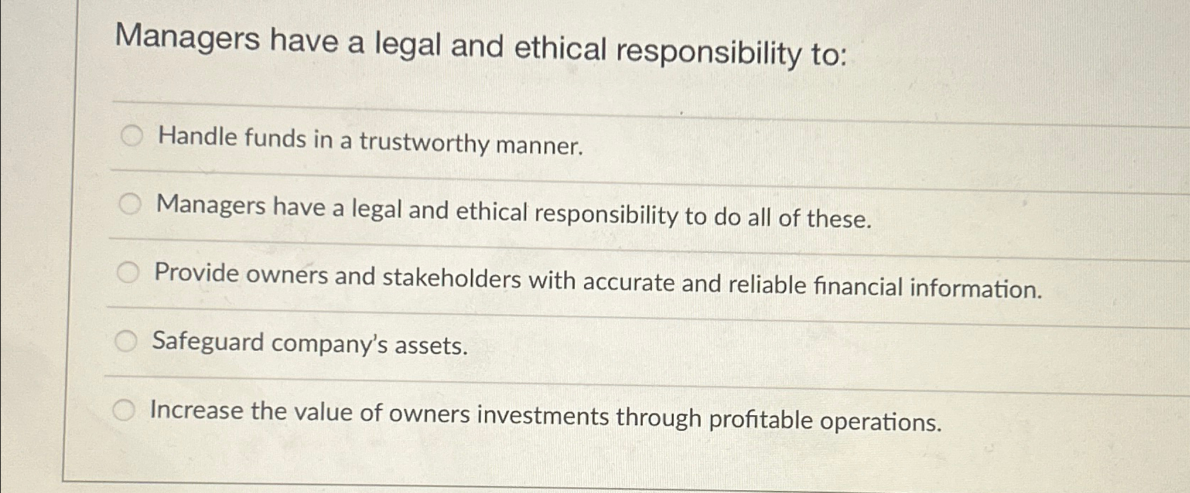 Solved Managers have a legal and ethical responsibility | Chegg.com