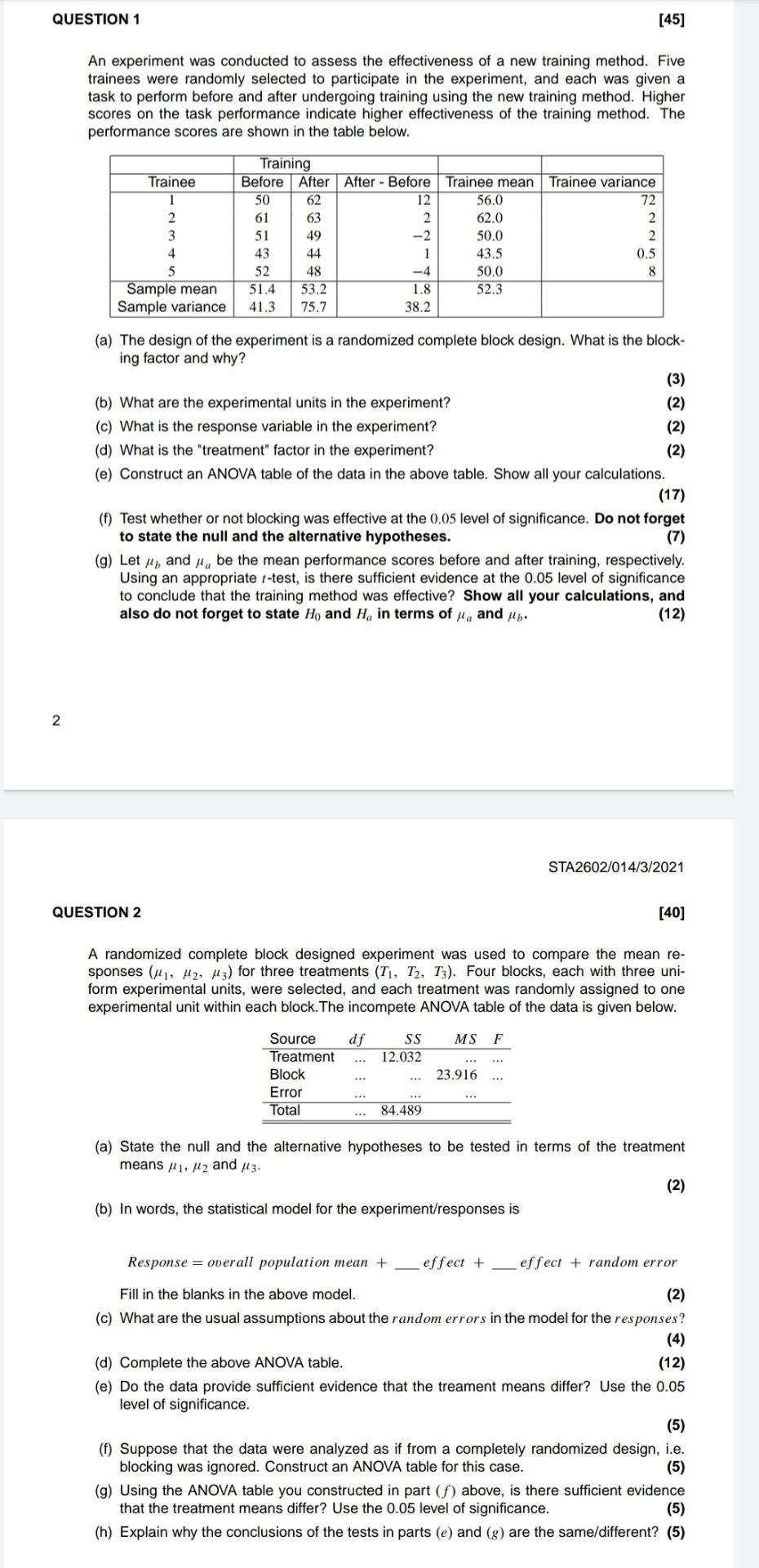 Solved QUESTION 1 [45] An experiment was conducted to assess | Chegg.com