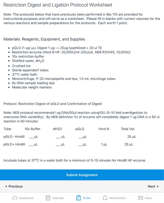 Restriction Digest and Ligation Protocol Worksheet