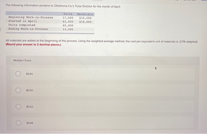 Solved The Following Information Pertains To Oklahoma Co s Chegg