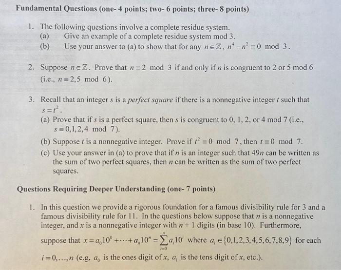 Solved 1. The following questions involve a complete residue