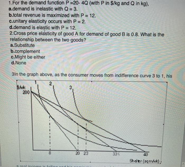 Solved 1. For the demand function P =20- 4Q (with P in $/kg