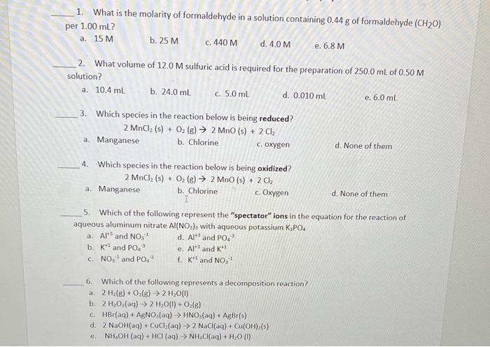 Solved 1. What Is The Molarity Of Formaldehyde In A Solution | Chegg.com