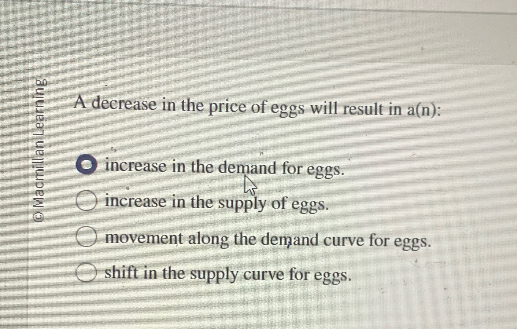 Solved ∑155? ﻿A decrease in the price of eggs will result in | Chegg.com