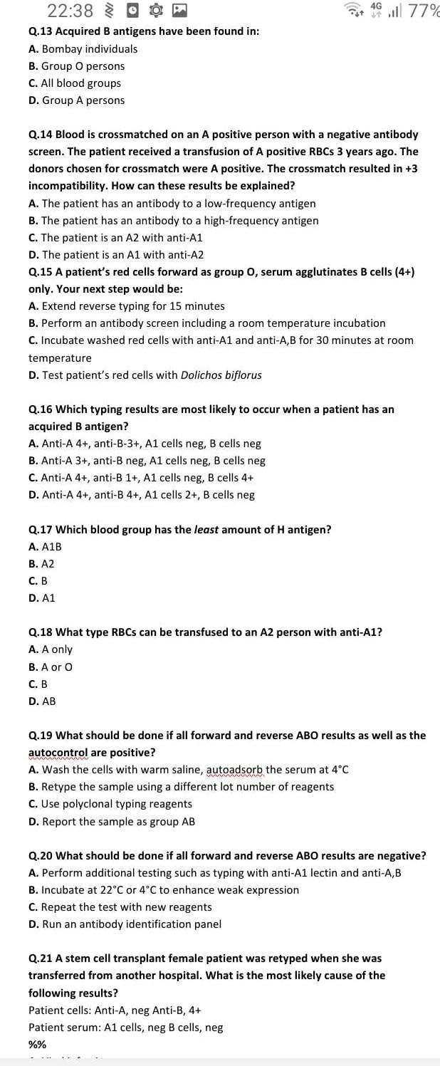 Solved 2238 Q.13 Acquired B antigens have been found in A.