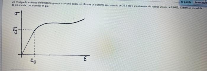 Un ensayo de esfuerzo deformación genero una curva donde se obsena un esfuerzo de cedencia de \( 38.8 \mathrm{ksi} \) y ana d