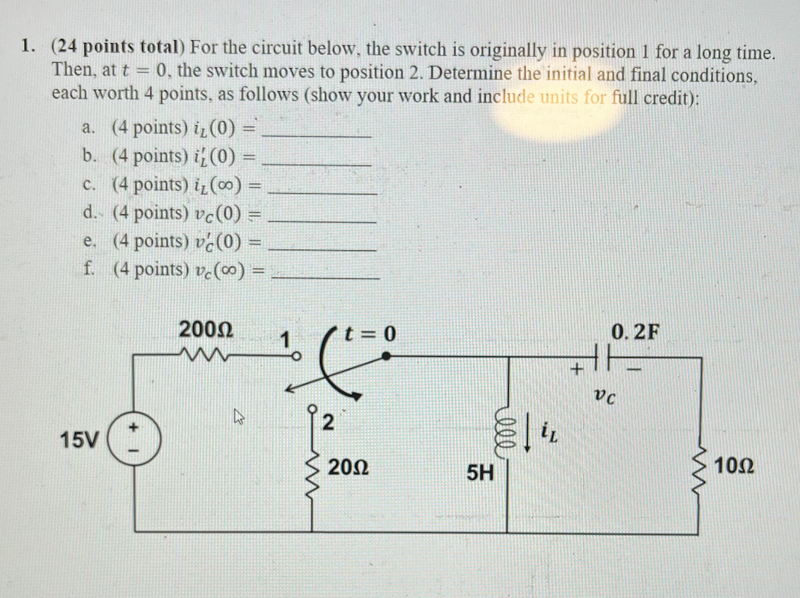 Solved For the circuit below, the switch is originally in | Chegg.com