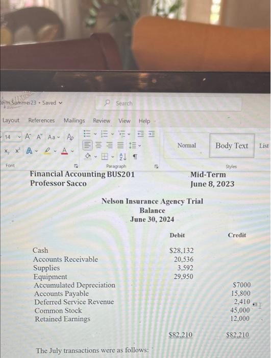 Solved Nelson Insurance Agency Trial Balance June 30, 2024 | Chegg.com