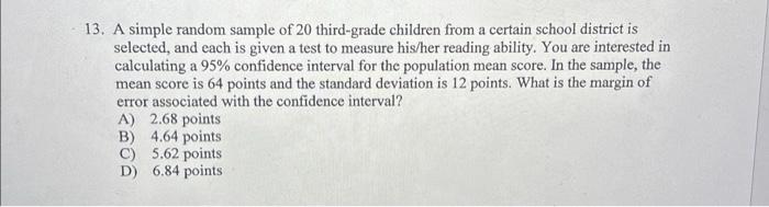 Solved 13. A simple random sample of 20 third-grade children | Chegg.com