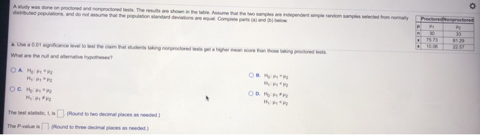 Solved A study was done on proctored and nonproctored tests. | Chegg.com