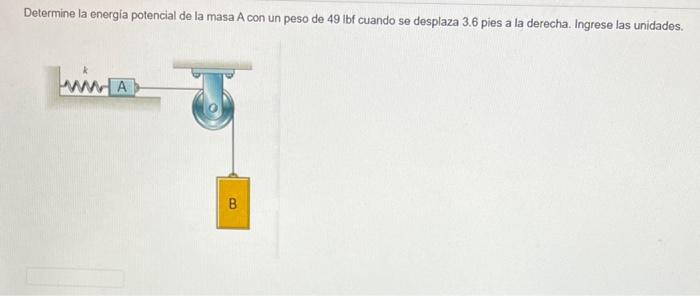 Determine la energia potencial de la masa A con un peso de \( 49 \mathrm{lbf} \) cuando se desplaza \( 3.6 \) pies a la derec