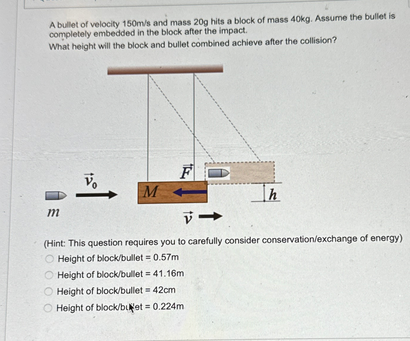 Solved A bullet of velocity 150ms ﻿and mass 20g ﻿hits a | Chegg.com