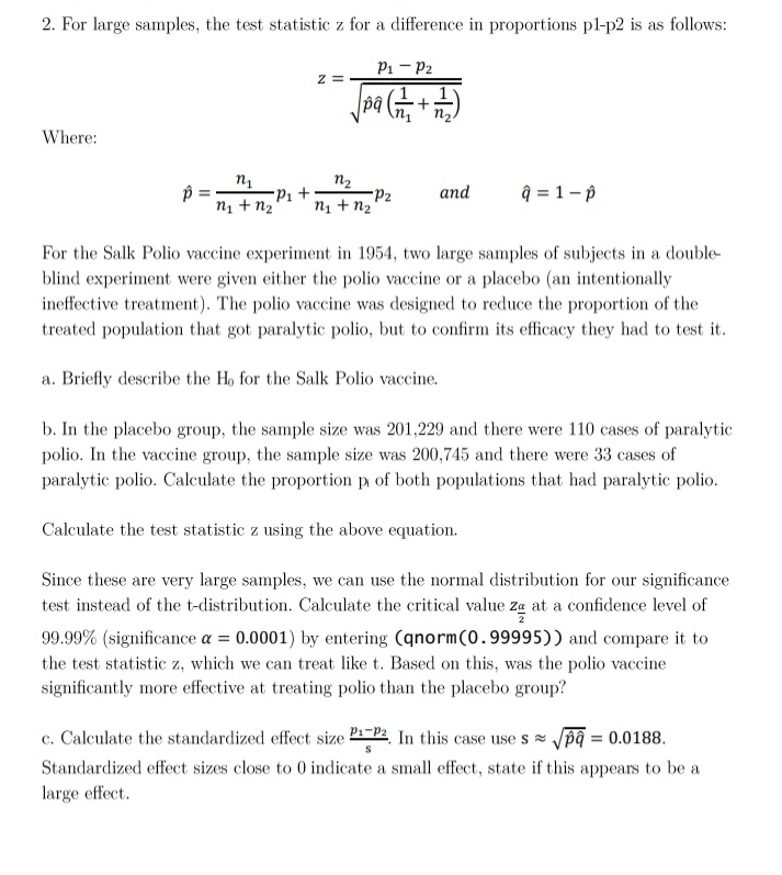 Solved For large samples, the test statistic z ﻿for a | Chegg.com