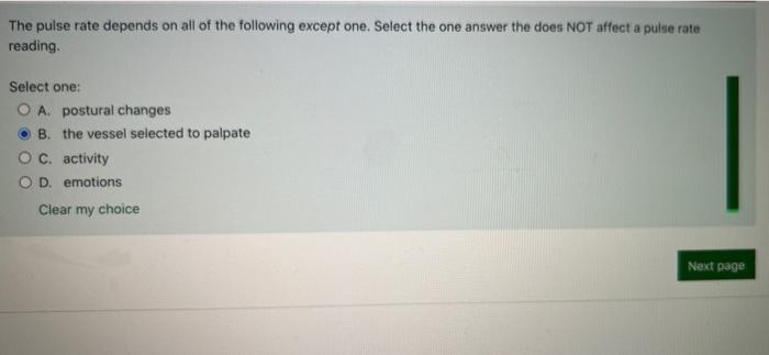 Solved The pulse rate depends on all of the following except | Chegg.com