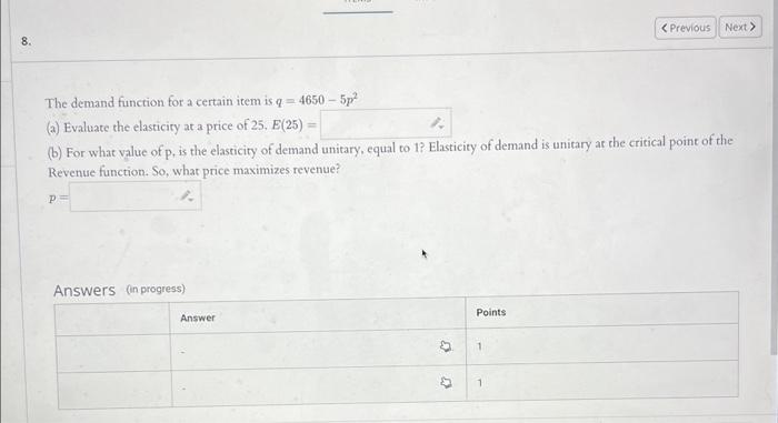 Solved The demand function for a certain item is q=4650−5p2 | Chegg.com