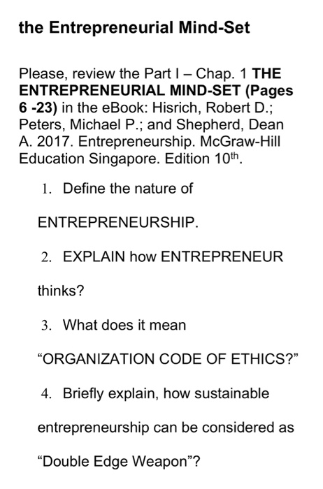 Solved the Entrepreneurial Mind-Set Please, review the Part | Chegg.com