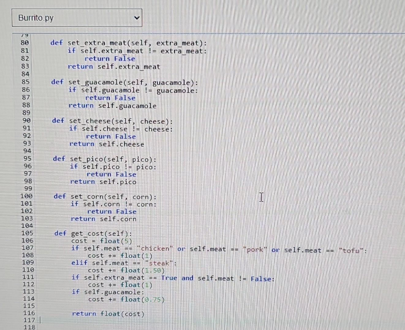 Solved def set_extra_meat(self, extra_meat): if self.extra | Chegg.com