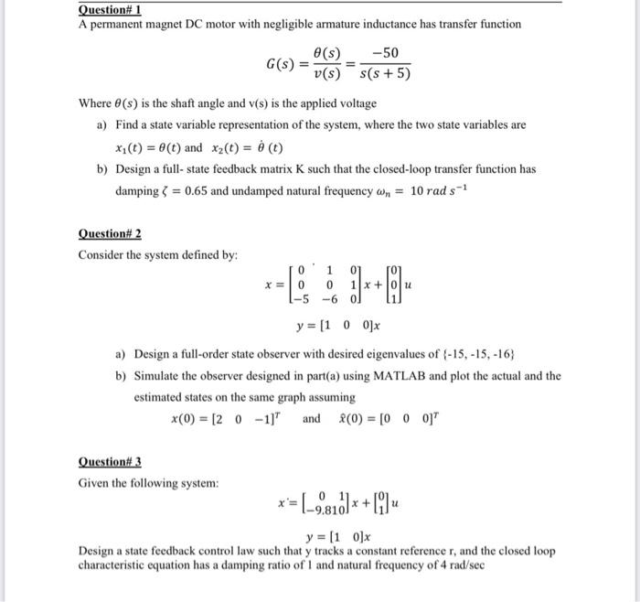 Solved Question# 1 A permanent magnet DC motor with | Chegg.com