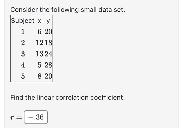 Consider the following small data set.
Find the linear correlation coefficient.
\( r= \)