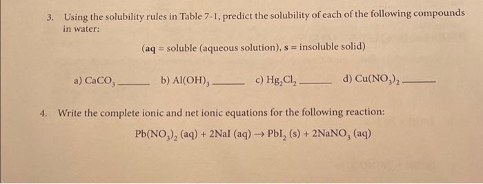 Solved 3. Using the solubility rules in Table 7-1, predict | Chegg.com