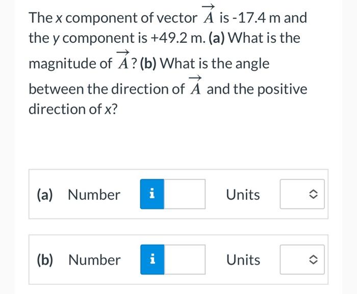 Solved The x component of vector A is −17.4 m and the y | Chegg.com